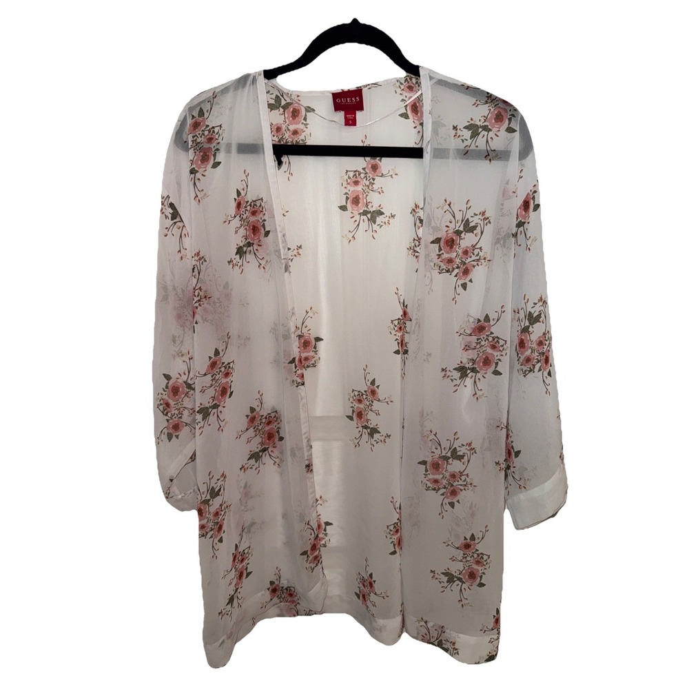 Guess White Floral Print Sheer Open Front Cardigan Kimono Size Small (Oversized)